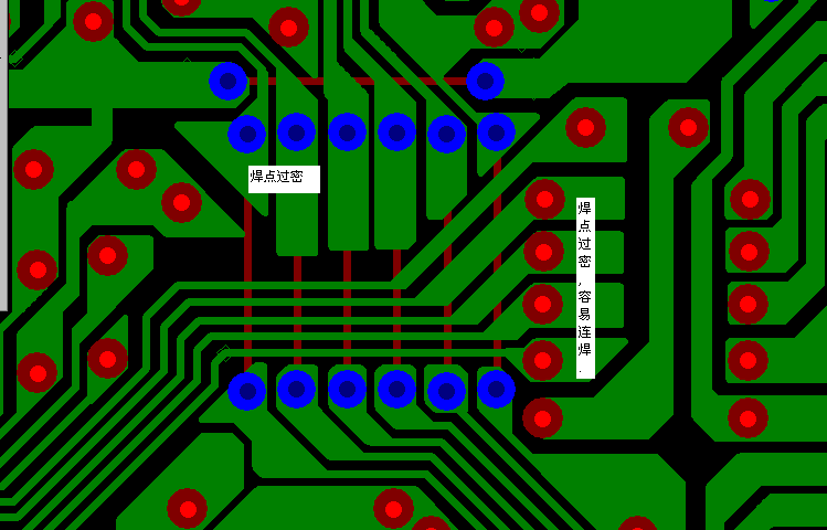 PCB設(shè)計焊點過密，易造成波峰連焊，焊點間漏電