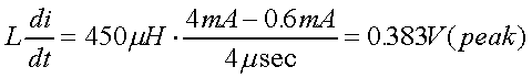 舉例來說，一個閘在"ON"而載有4mA的電流時，突然開關(guān)切到"OFF"且現(xiàn)在載有0.6mA的電流，假設(shè)開關(guān)時間為4msec，載有450mH的電感信號的導(dǎo)體，此時所產(chǎn)生的電壓突波為
