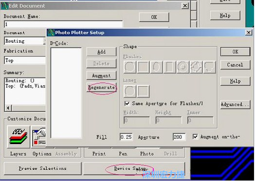 當Gerber和鉆孔都設置完后，選擇一貼片元件較多的層（一般為Top層），點擊Device SetupPhoto，將 Plotter Setup窗口D-Code欄原有的D碼刪除并按Regenerate重新生成