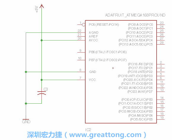3.1.    新增微控制器晶片（RBBB → ATmega），把它放在電路原理圖的中央附近，把它的兩個(gè)接地接頭連接到接地訊號(hào)端。