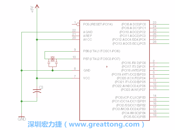 3.2.    在靠近ATmega的電源供應(yīng)針腳7的位置放置一個(gè)0.1μF的電容，將它分別連接電源、接地端和針腳7。