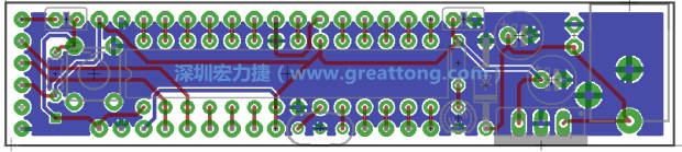 第二篇文章則帶領(lǐng)你進(jìn)行電路板上的布線、連結(jié)點(diǎn)的配置，并利用「設(shè)計(jì)規(guī)則檢查（Design Rule Check）」測(cè)試你的設(shè)計(jì)，第二篇文章的電路板設(shè)計(jì)圖將如下所示：