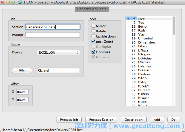 打開「excellon.cam」的工作項(xiàng)目并建立drill文件（副檔名為「.dri」和「.drd」），之后你只會(huì)用到「.drd」的文件檔；「.dri」的文件只是解釋用資料（所謂后設(shè)資料）而已。