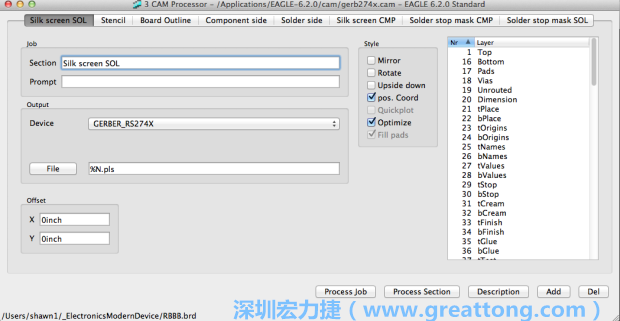 假如你有匯入點(diǎn)陣圖圖層（抑或是有某個(gè)圖層是你不想要它們出現(xiàn)在絲印上的），請(qǐng)?jiān)俅未_認(rèn)標(biāo)簽列下面被指定的圖層都是正確無誤的。