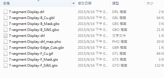所謂Gerber檔，其實(shí)是包含一群檔案 (如下圖所示)，如包含正反面銅箔層 F.Cu B.Cu.，正反面文字面 F.Silkscreen ，B.Silkscreen，防焊層 SolderMask、板邊裁切Edge.Cuts 等。