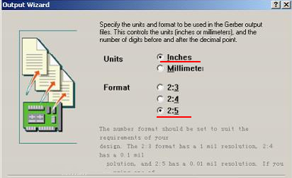 在上圖中選擇“Inches 2：5”，以確保資料精度，反之線寬、線距或孔有偏移現(xiàn)象